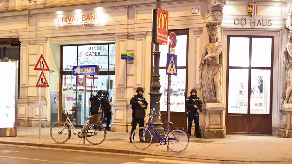 Armed police patrol in central Vienna on November 2, 2020, following a shooting near a synagogue. - Multiple gunshots were fired in central Vienna on Monday evening, according to police, with the location of the incident close to a major synagogue. Police urged residents to keep away from all public places or public transport. One attacker was "dead" and another "on the run", with one police officer being seriously injured, Austria's interior ministry said according to news agency APA. (Photo by JOE KLAMAR / AFP) (Photo by JOE KLAMAR/AFP via Getty Images)