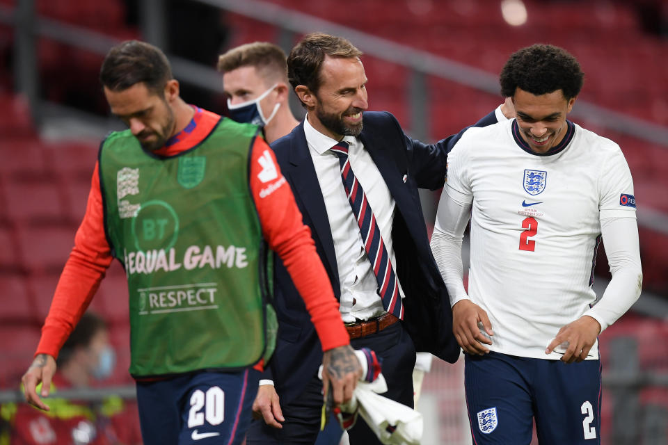 COPENHAGEN, DENMARK - SEPTEMBER 08: Gareth Southgate, Manager of England laughs with Trent Alexander-Arnold of England following the UEFA Nations League group stage match between Denmark and England at Parken Stadium on September 08, 2020 in Copenhagen, Denmark. (Photo by Michael Regan/Getty Images)