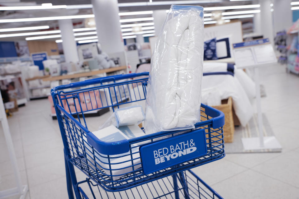 A shopping cart is seen at a Bed Bath &amp; Beyond store in Manhattan, New York City, U.S., June 29, 2022. REUTERS/Andrew Kelly