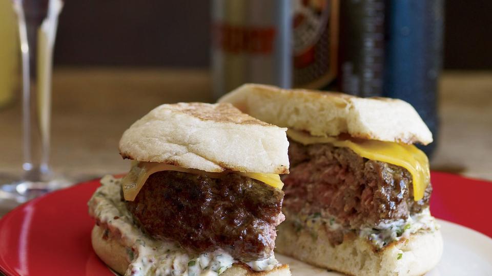 Beef-and-Lamb Burgers with Cheddar and Caper Remoulade