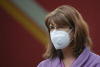 Genoveva Cadar, the head of COVID-19 ICU unit of the Marius Nasta National Pneumology Institute speaks during an interview with the Associated Press in Bucharest, Romania, Thursday, Sept. 23, 2021. Daily new coronavirus infections in Romania, a country of 19 million, have grown exponentially over the last month, while vaccine uptake has declined to worrying lows. Government data shows that 91.5% of COVID-19 deaths in Romania between Sept. 18-23 were people who had not been vaccinated. (AP Photo/Vadim Ghirda)