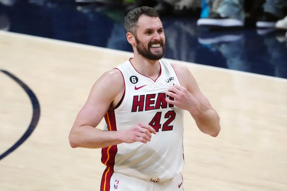 Miami Heat forward Kevin Love reacts during Game 2 of the NBA Finals against the Denver Nuggets.
