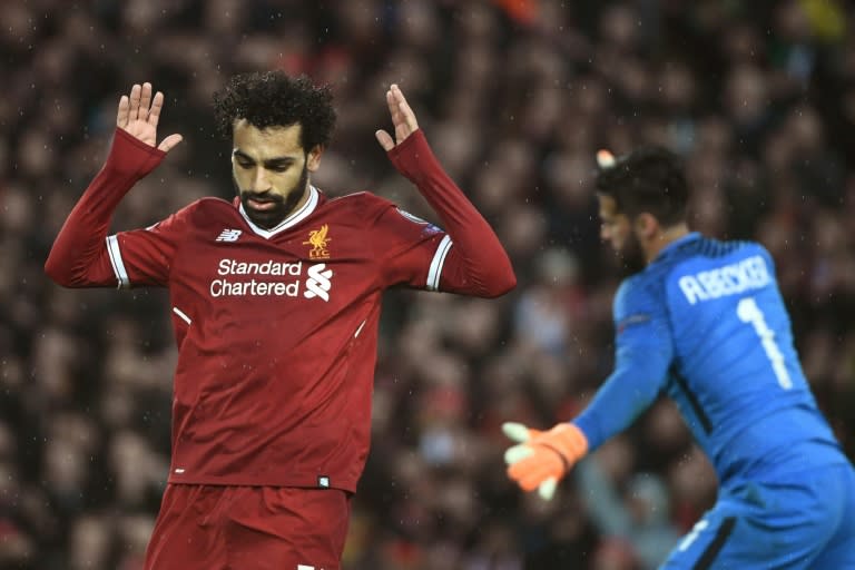 Liverpool forward Mohamed Salah celebrates after scoring in the Champions League semi-final against Roma