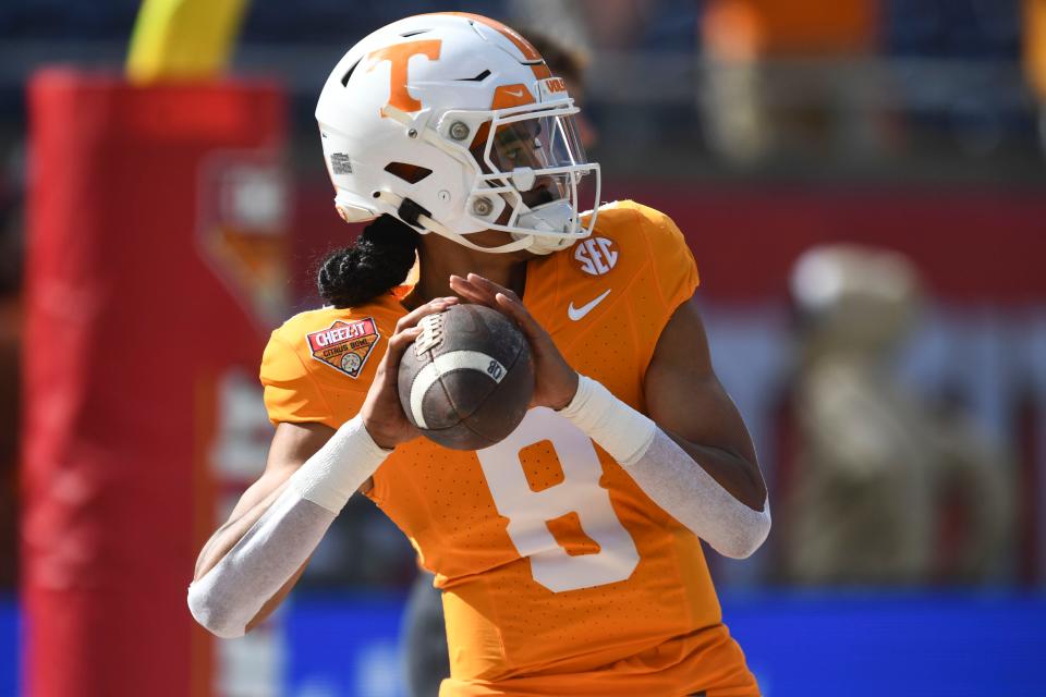 Tennessee quarterback Nico Iamaleava (8) warming up for the Citrus Bowl NCAA College football game on Monday, January 1, 2024 in Orlando, Fla. Credit: Saul Young/News Sentinel-USA TODAY NETWORK