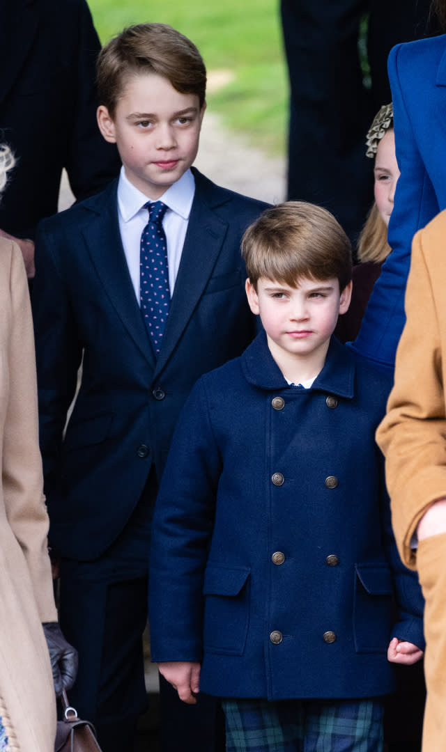 SANDRINGHAM, NORFOLK – DECEMBER 25: Prince George of Wales and Prince Louis of Wales attend the Christmas Morning Service at Sandringham Church on December 25, 2023 in Sandringham, Norfolk. <em>Photo by Samir Hussein/WireImage.</em>