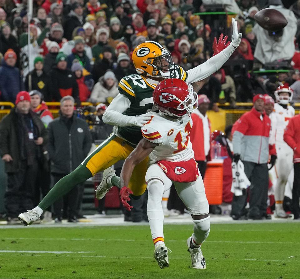 Packers cornerback Carrington Valentine defends on a pass intended for Chiefs wide receiver Marquez Valdes-Scantling late in the fourth quarter of their Week 13 game in Green Bay.