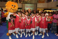 Bronze award winner St Stephen's School boys, The Saintz, with Singa The Kindness Lion and Dr William Wan, General Secretary of the Singapore Kindness Movement