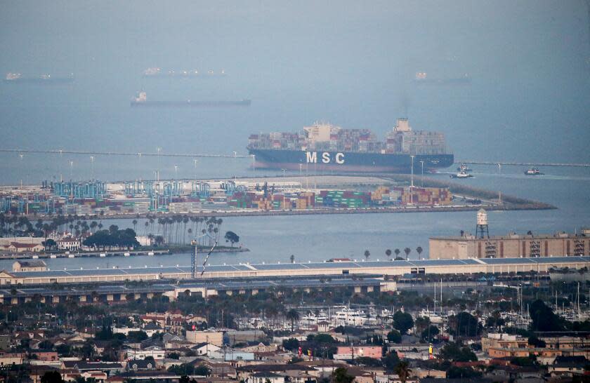 Los Angeles, CA - A container ship departs from the Port of Los Angeles on Sunday, July 16, 2023. (Luis Sinco / Los Angeles Times)