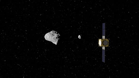 ESA’s Asteroid Impact Mission concept, currently under study, would be humanity’s first mission to a binary asteroid: the 800 m-diameter Didymos is accompanied by a 170 m-diameter secondary body.