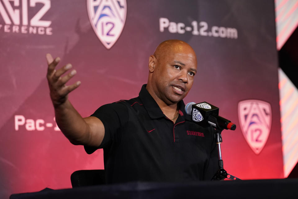 Stanford head coach David Shaw fields questions during the Pac-12 Conference NCAA college football Media Day Tuesday, July 27, 2021, in Los Angeles. (AP Photo/Marcio Jose Sanchez)