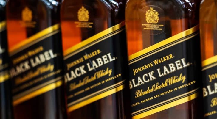 a line up of black label whiskey to represent DEO stock