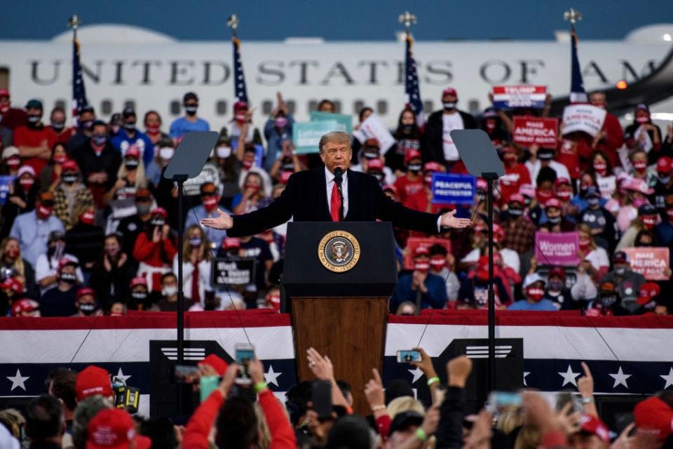 trump fay FAYETTEVILLE, NC - SEPTEMBER 19: President Donald Trump addresses a crowd at the Fayetteville Regional Airport on September 19, 2020 in Fayetteville, North Carolina. Thousands of people joined to hear the president during the Make America Great Again campaign rally. (Photo by Melissa Sue Gerrits/Getty Images)