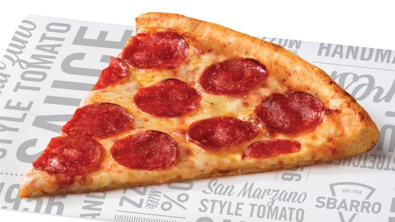 Slice of Sbarro pepperoni pizza