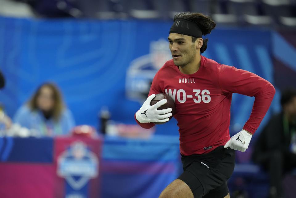 BYU wide receiver Puka Nacua runs a drill at the NFL football scouting combine in Indianapolis, Saturday, March 4, 2023. | Michael Conroy, Associated Press