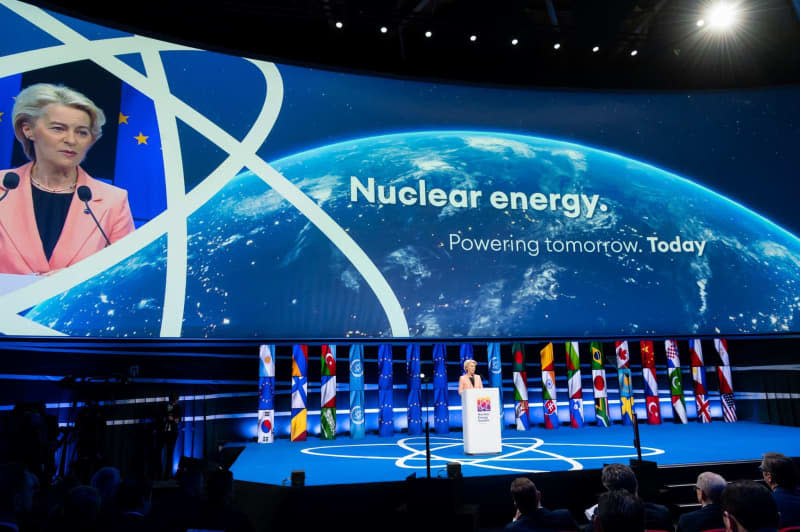 European Commission President Ursula Von der Leyen speaks at a press conference during the Nuclear Energy Summit in Brussels. Aurore Martignoni/European Commission/dpa