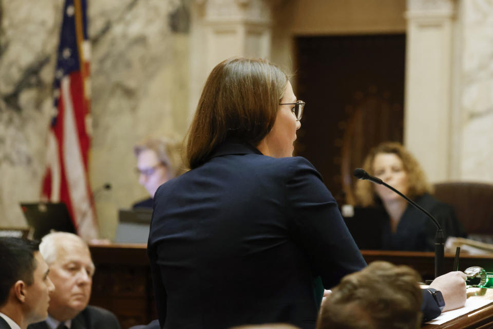 Taylor A.R. Meehan, attorney for the Republican-controlled Wisconsin Legislature, speaks before the Wisconsin Supreme Court during a redistricting hearing at the Wisconsin state Capitol Building in Madison, Wis., on Tuesday, Nov. 21, 2023. (Ruthie Hauge/The Capital Times via AP, Pool)