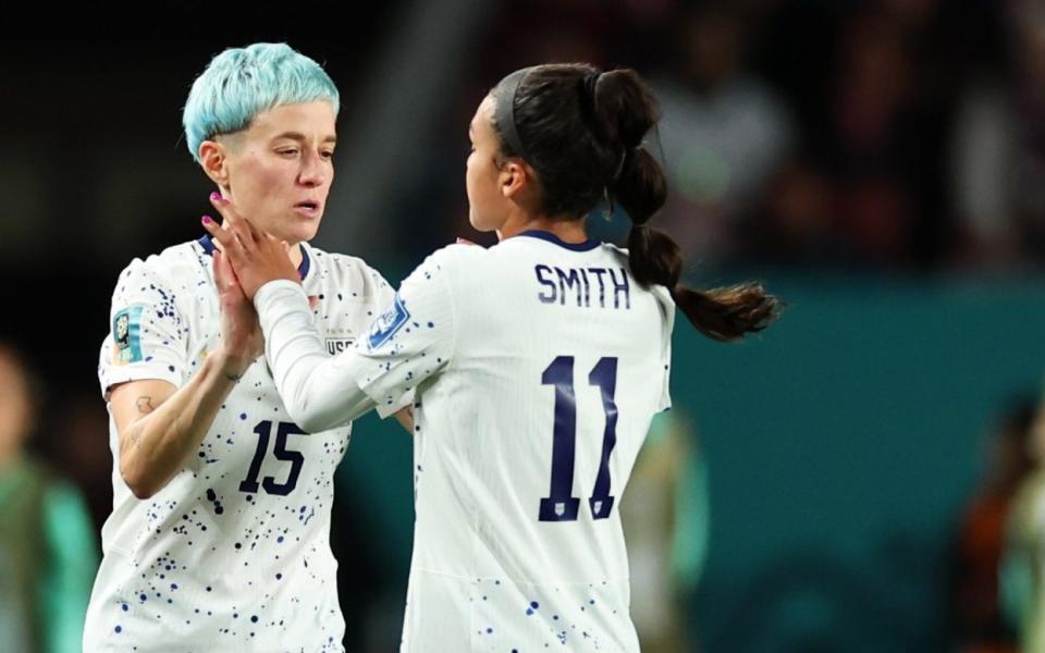 Sophia Smith (R) of USA is substituted by Megan Rapinoe (L) during the FIFA Women's World Cup Australia & New Zealand 2023 Group E match between Portugal and USA at Eden Park on August 01, 2023