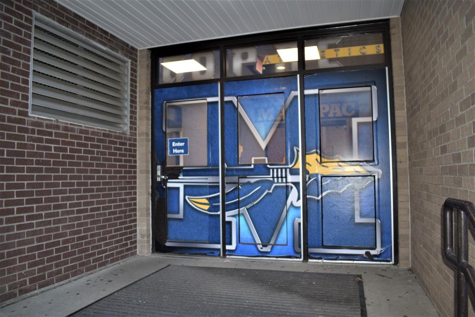 Mahopac High's trophy corridor, with its Native American imagery, is behind these doors in the gym. That area was deemed off-limits to the press. The door imagery will be removed, while the trophies with Native American imagery can remain.