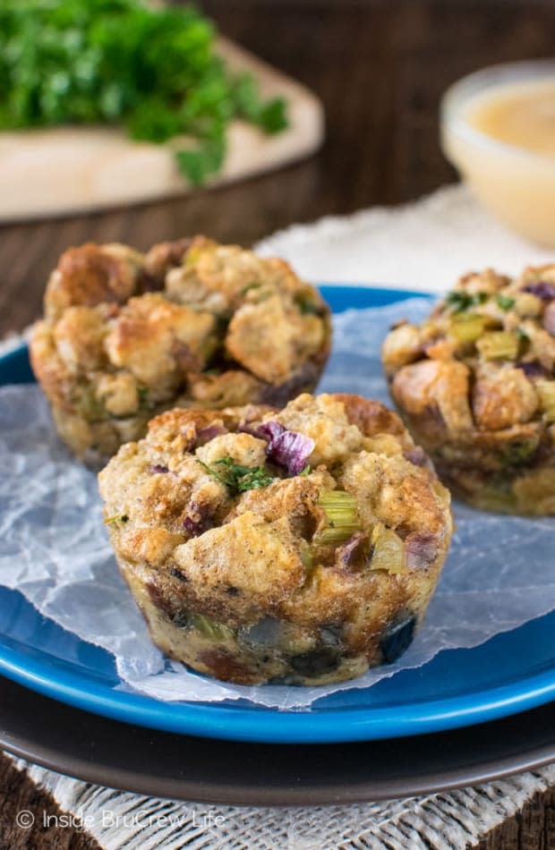 <p><strong>Get the recipe: <a href="https://insidebrucrewlife.com/stuffins-for-a-progressive-dinner-hop/" rel="nofollow noopener" target="_blank" data-ylk="slk:Stuffing Muffins;elm:context_link;itc:0;sec:content-canvas" class="link ">Stuffing Muffins</a></strong></p><p>Inside BruCrew Life</p>