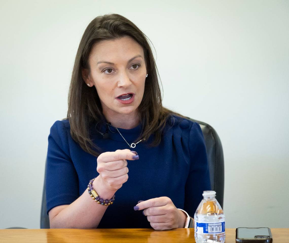 Agriculture Commissioner Nikki Fried, who is running for governor of Florida, answers questions from the Miami Herald Editorial Board, Monday, July 11, 2022.