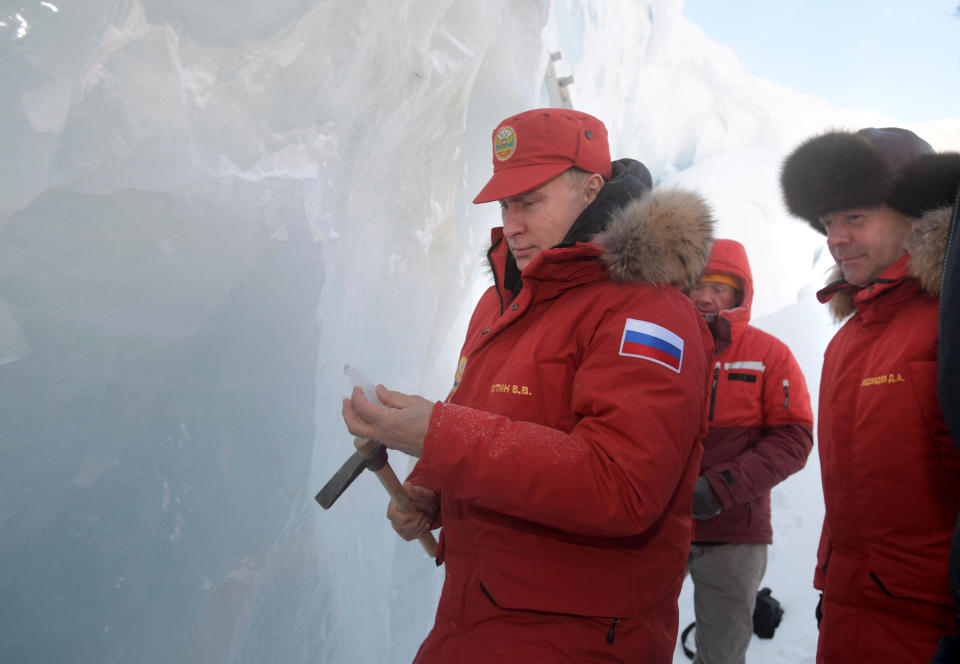 Putin and Medvedev visit the cave of Arctic Pilots Glacier in Alexandra Land in remote Arctic islands of Franz Josef Land&nbsp;on March 29, 2017.