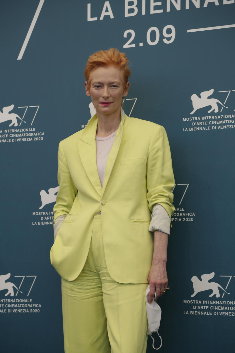 Actress Tilda Swinton poses during the photo call for the movie 'The human voice' during the 77th edition of the Venice Film Festival at the Venice Lido, Italy, Thursday, Sep. 3, 2020. The Venice Film Festival goes from Sept. 2 through Sept. 12. Italy was among the countries hardest hit by the coronavirus pandemic, and the festival will serve as a celebration of its re-opening and a sign that the film world, largely on pause since March, is coming back as well. (AP Photo/Domenico Stinellis)