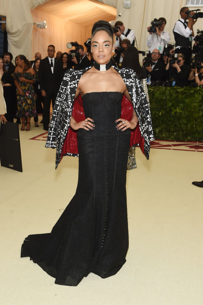 <p>Tessa Thompson in Thom Browne<em>.</em> (Photo: Getty Images) </p>