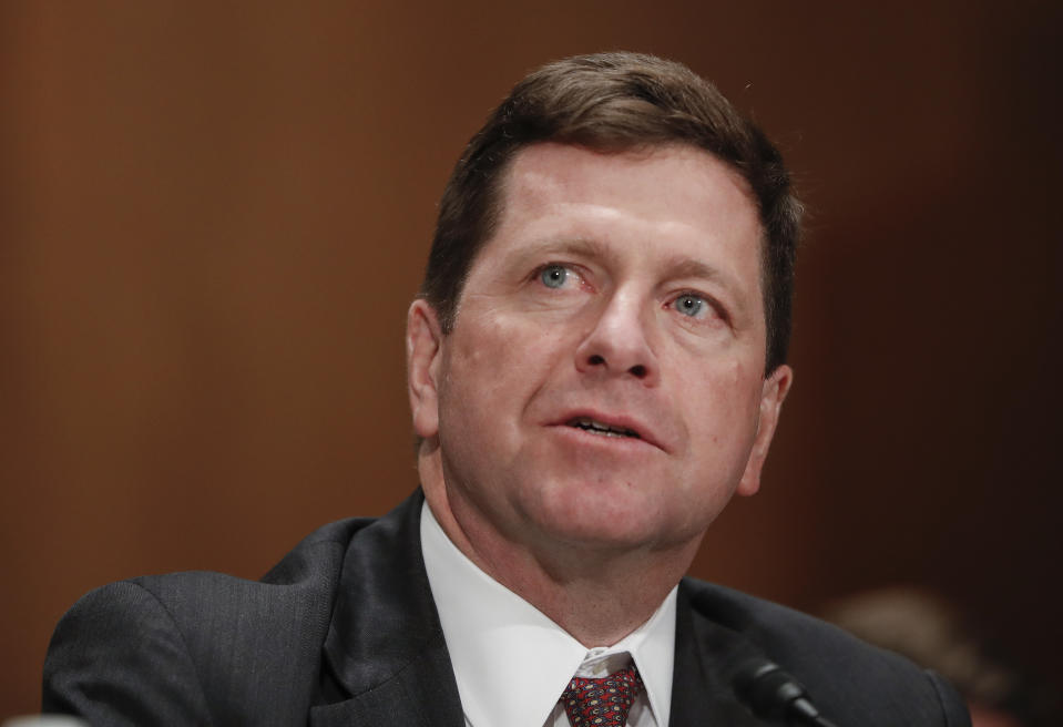 Securities and Exchange Commission (SEC) Chairman nominee Jay Clayton testifies on Capitol Hill in Washington, Thursday, March 23, 2017, at his confirmation hearing before the Senate Banking Committee. (AP Photo/Pablo Martinez Monsivais)