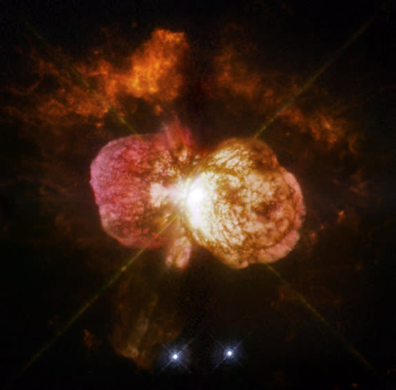 Eta Carinae's great eruption in the 1840's created the billowing Homunculus Nebula, imaged here by the Hubble Space Telescope. The expanding cloud contains enough material to make at least 10 copies of our sun. Astronomers don’t yet know what c