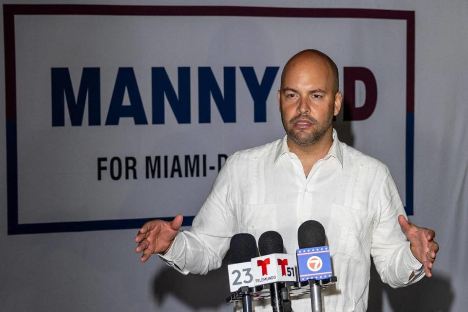 Miami-Dade County mayoral candidate Manny Cid concedes defeat to incumbent Mayor Daniella Levine Cava during a watch party on Tuesday, Aug. 20, 2024, in Miami Lakes, Florida.