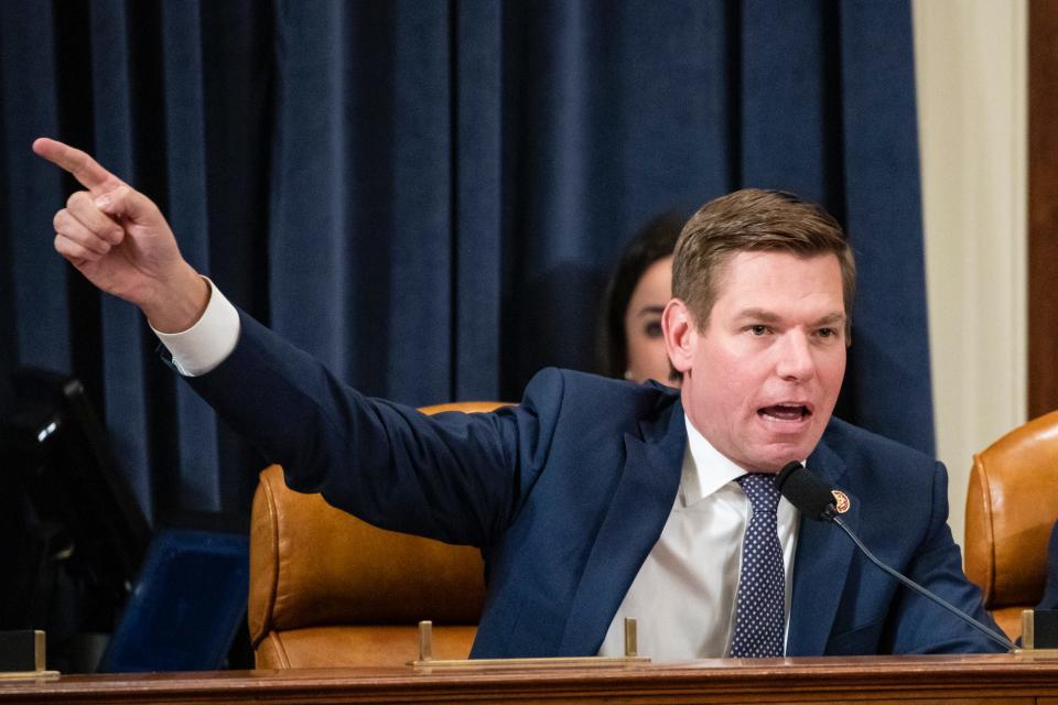 Rep. Eric Swalwell questions Gordon Sondland, US Ambassador to the European Union, during a House Intelligence Committee impeachment inquiry hearing on Capitol Hill in Washington, in November 2019.