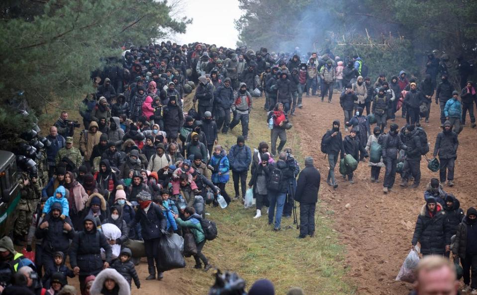 Migrants gather at the Belarus-Poland border, Belarus (Leonid Shcheglov/BelTA/AP) (AP)