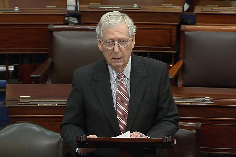 In this image from Senate Television, Senate Minority Leader Mitch McConnell of Kentucky, speaks on the Senate floor, Wednesday, May 25, 2022 at the Capitol in Washington. Despite mounting mass shootings in communities nationwide — two in the past two weeks alone, including Tuesday in Texas and the racist killing of Black shoppers at a Buffalo, New York, market 10 days earlier — lawmakers have been unwilling to set aside their differences and buck the gun lobby to work out any compromise. (Senate Television via AP)