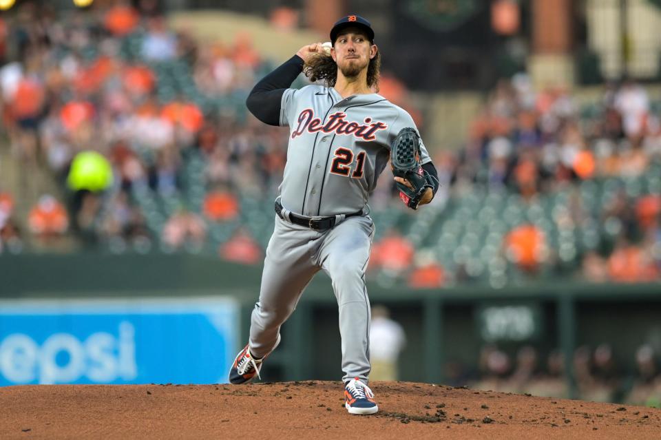 Tigers pitcher Michael Lorenzen throws a pitch in the second inning against the Orioles on Friday, April 21, 2023, in Baltimore.