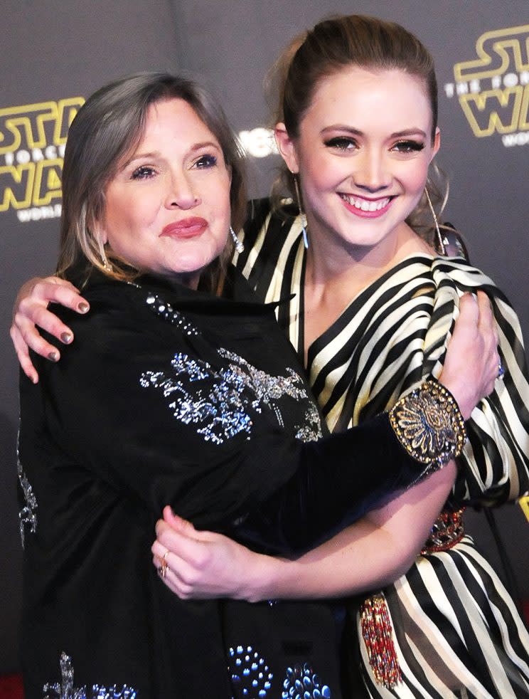 Actress Carrie Fisher and daughter actress Billie Lourd attend the Premiere of Walt Disney Pictures and Lucasfilm's 'Star Wars: The Force Awakens' on December 14, 2015 in Hollywood, California. (Photo: Barry King/WireImage/Getty Images)