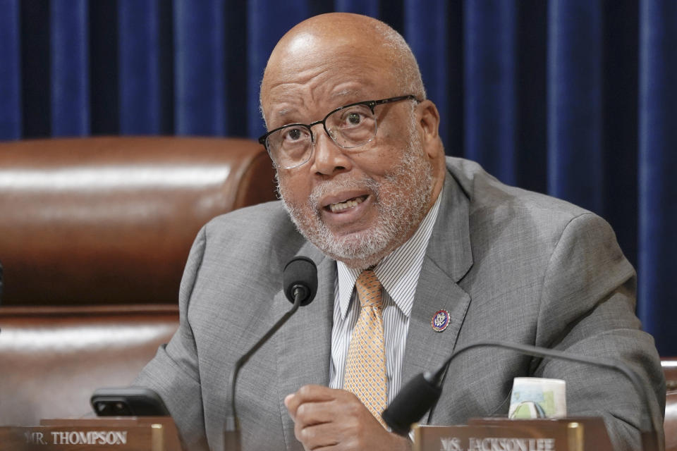 FILE - Representative Bennie Thompson, D-Miss., talks during a hearing on Capitol Hill, Jan. 10, 2024, in Washington. Two Republicans will compete on Tuesday, April 2, for the right to challenge Thompson, a16-term Democratic incumbent, in Mississippi's second congressional district. (AP Photo/Mariam Zuhaib, File)