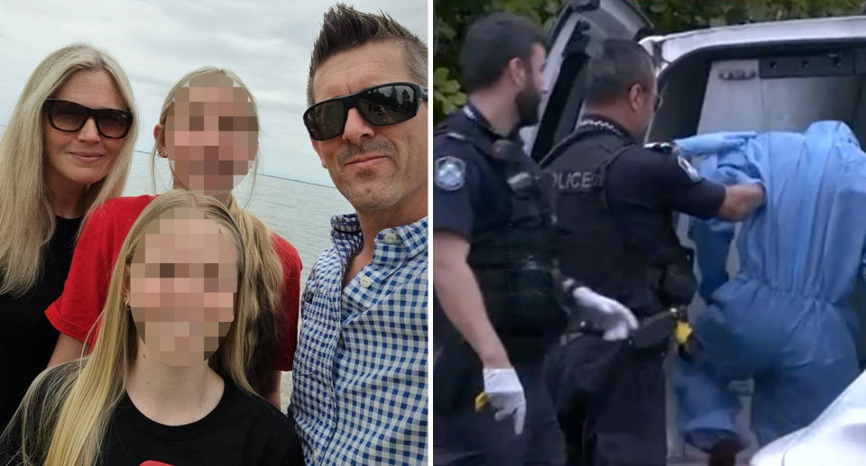 Emma Lovell and her husband and two daughters and police at the scene in Brisbane.