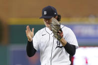 Detroit Tigers starting pitcher Casey Mize reacts after the last out in during the sixth inning of a baseball game against the Kansas City Royals, Wednesday, May 12, 2021, in Detroit. (AP Photo/Carlos Osorio)