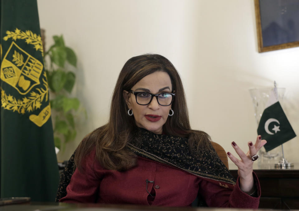 Pakistani Minister of Climate Change Sherry Rehman speaks during an interview with The Associated Press in Islamabad, Pakistan, Monday, Aug. 29, 2022. (AP Photo/Rahmat Gul)