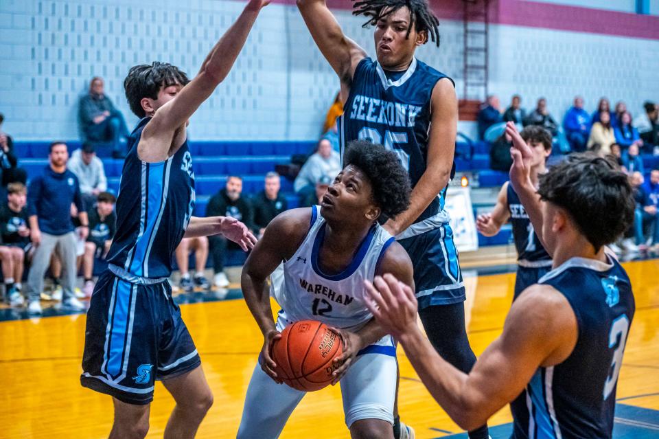 Wareham's Antoine Crosson eyes the basket for the Vikings.