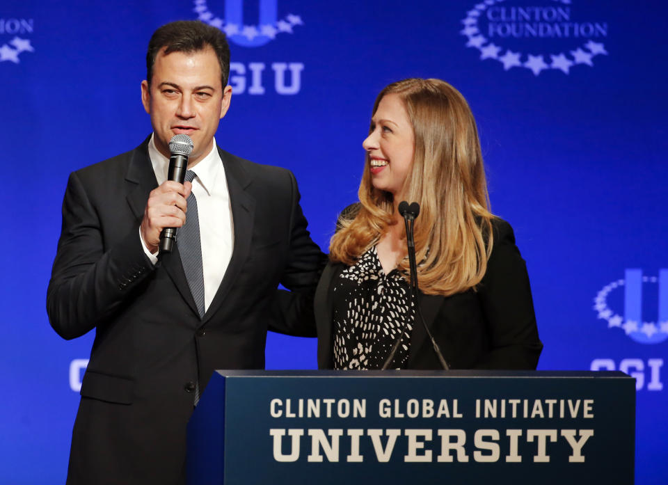 Talk show host Jimmy Kimmel, left, and Vice Chair of the Clinton Foundation Chelsea Clinton speak during a student conference for the Clinton Global Initiative University, Saturday, March 22, 2014, at Arizona State University in Tempe, Ariz. More than 1,000 college students are gathered at Arizona State University this weekend as part of the Clinton Global Initiative University's efforts to advance solutions to pressing world challenges. (AP Photo/Matt York)