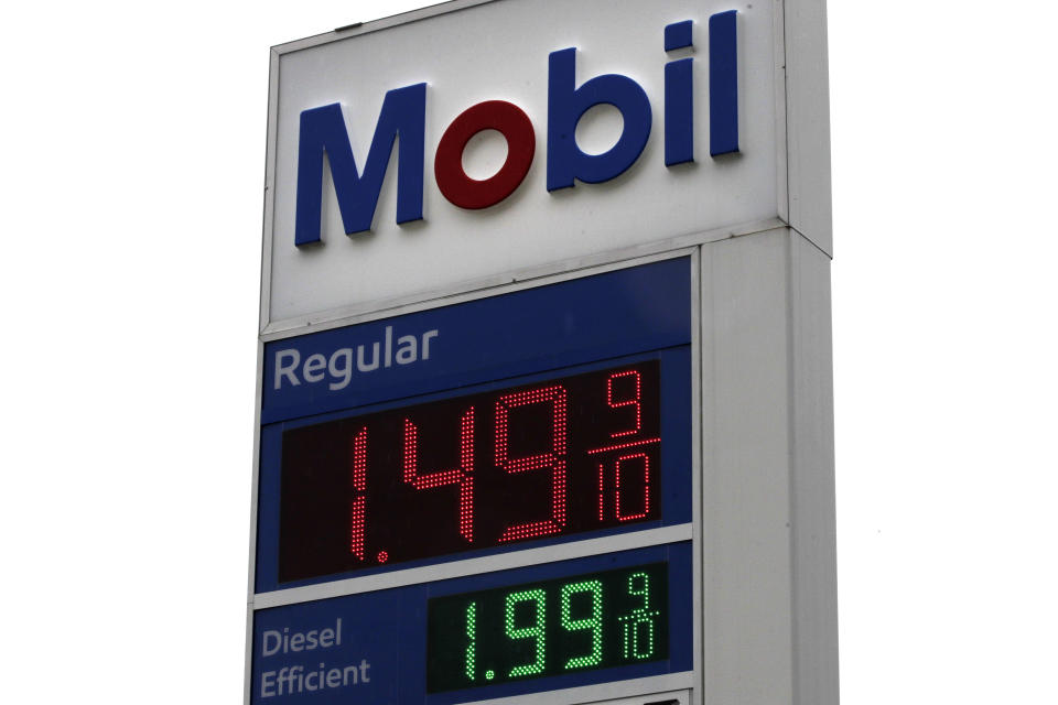 Gasoline prices are posted at a Mobil station in Candia, N.H., Thursday, April 30, 2020. Rising stockpiles and lowered demand are contributing to the low prices. (AP Photo/Charles Krupa)