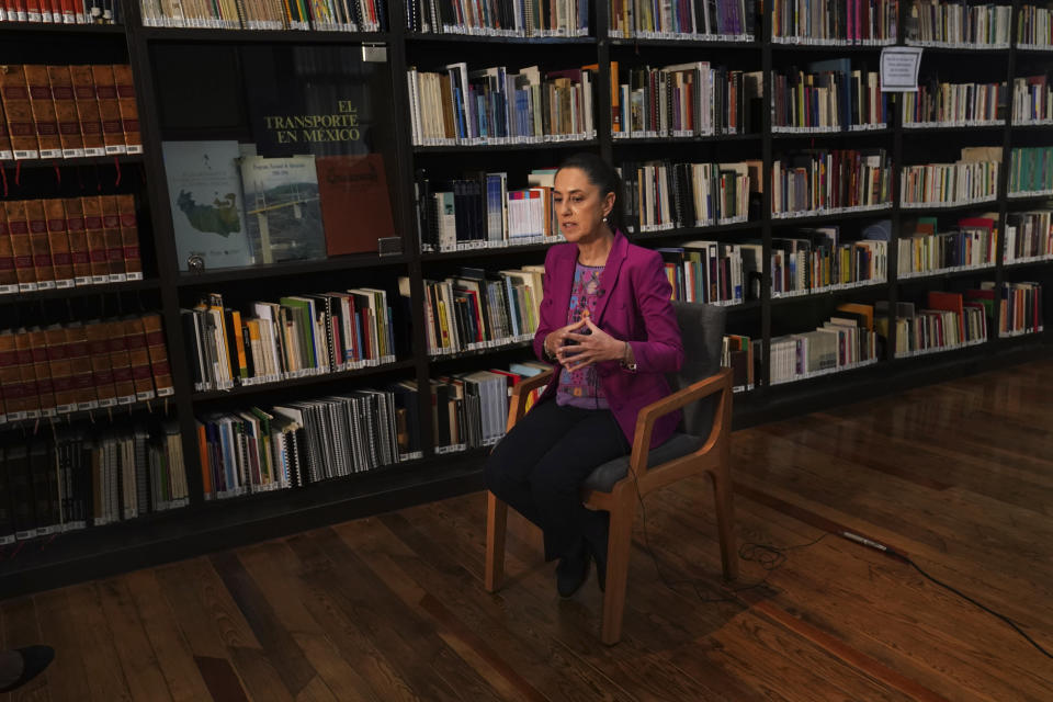 FILE - Mexico City Mayor Claudia Sheinbaum speaks during an interview at La Carbonera Library, in Mexico City, March 2, 2023. Sheinbaum’s background is in science, she has a Ph.D. in energy engineering, and in a 2023 interview with The Associated Press, she said, “I believe in science.” (AP Photo/Marco Ugarte, File)