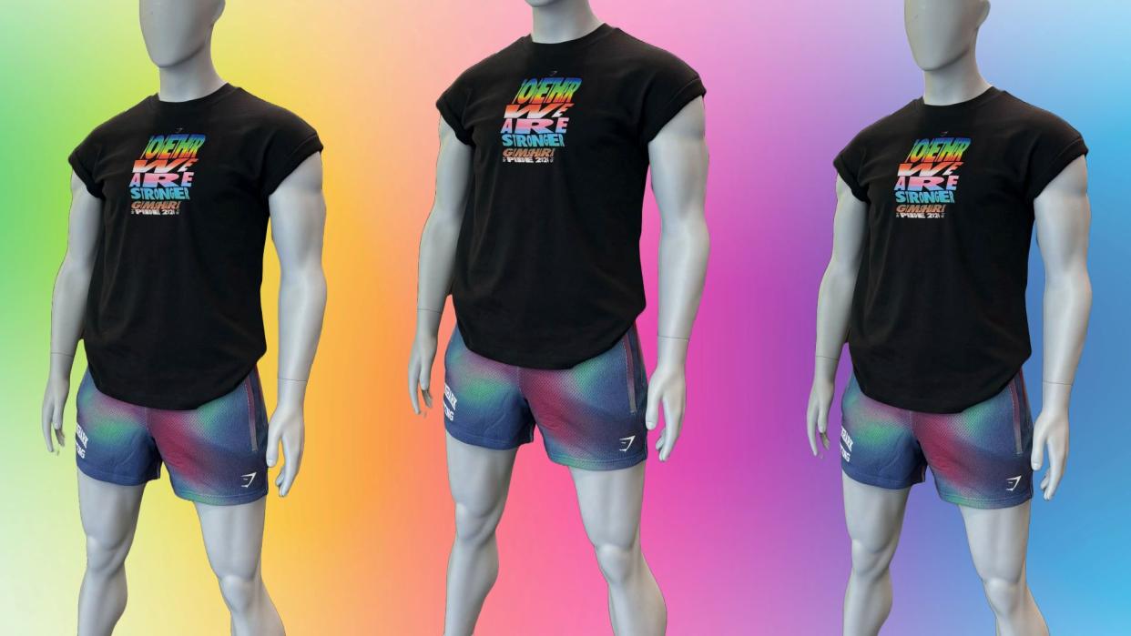 Stylised photo of three dummies wearing Gymshark Pride t-shirts