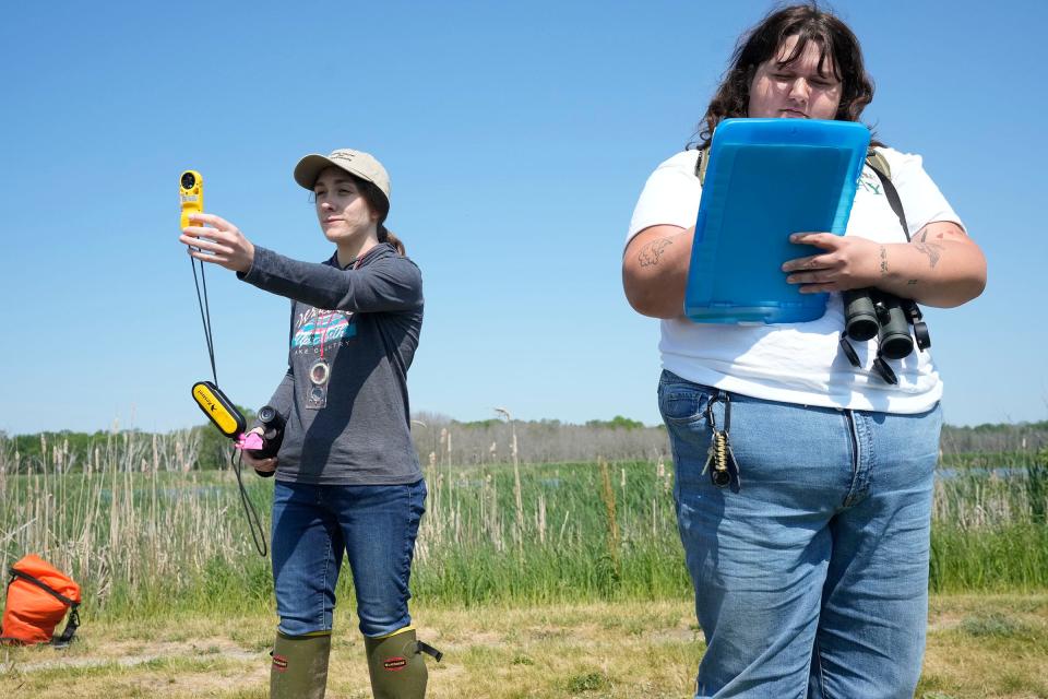 University of Wisconsin-Green Bay biology students Haley Spargur (left), an anuran technician, uses a Kestrel thermometer to monitor the wind while Mabel Kirst, a bird technician, takes notes off Sunset Beach Lane in the Sensiba State Wildlife Area in Suamico  June 8, 2023.