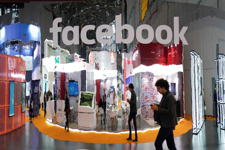 A Facebook sign is seen during the China International Import Expo (CIIE), at the National Exhibition and Convention Center in Shanghai, China November 5, 2018. REUTERS/Aly Song