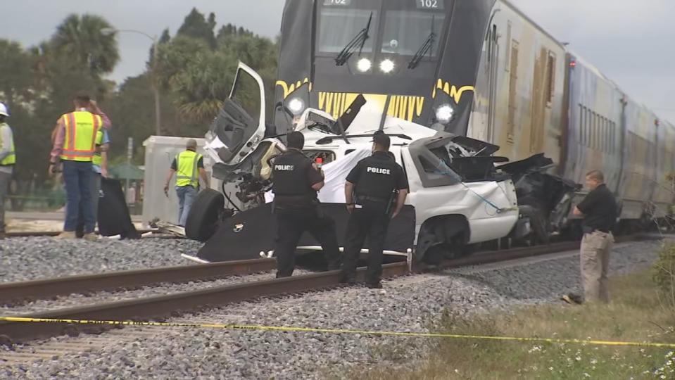 A Brightline train struck an SUV that was on the railroad tracks Friday afternoon, killing one person -- just two days after a Brightline train crashed into another vehicle on the tracks at the same crossing, the Melbourne Police Department said.