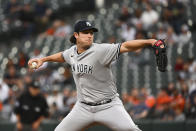 New York Yankees starting pitcher Gerrit Cole throws to a Baltimore Orioles batter during the first inning of a baseball game Wednesday, May 18, 2022, in Baltimore. (AP Photo/Terrance Williams)