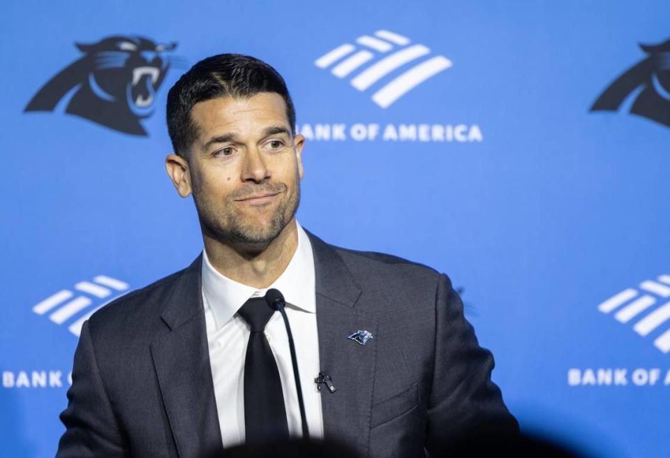 Carolina Panthers coach Dave Canales speaks during a press conference at the Bank of America Stadium in Charlotte, N.C., on Thursday, February 1, 2024.