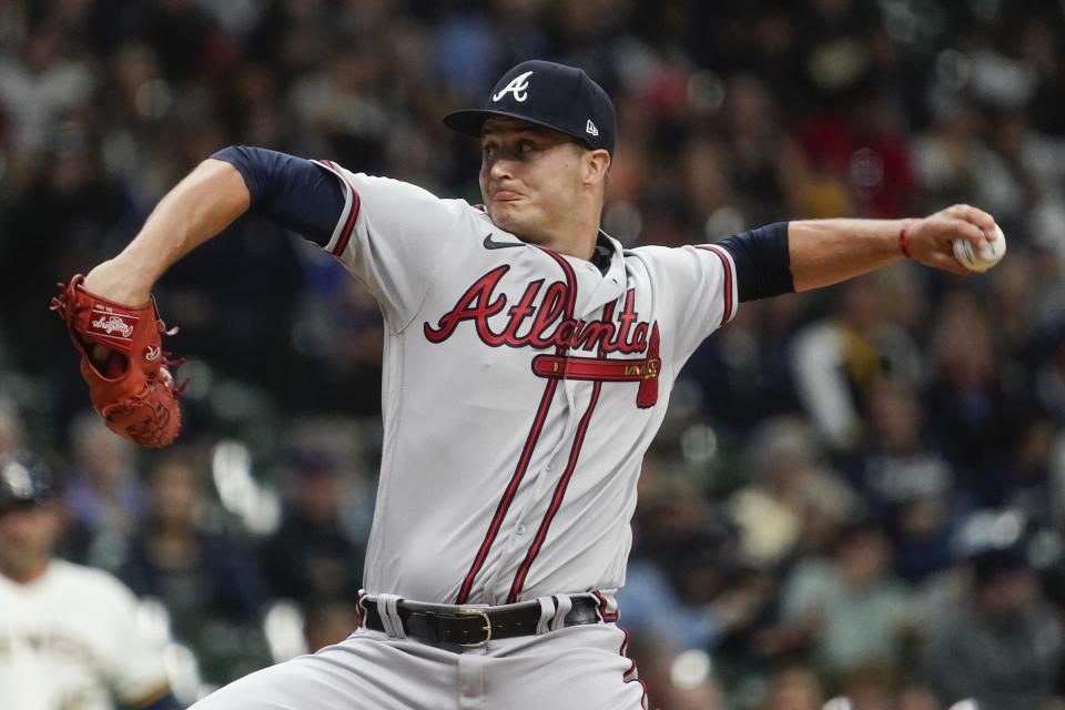 Atlanta Braves starter Tucker Davidson throws during the first inning of a baseball game against the Milwaukee Brewers Tuesday, May 17, 2022, in Milwaukee. (AP Photo/Morry Gash)